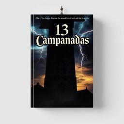 The cover design of a book titled '13 Campanadas', set in the 17th century, depicting a chilling curse where anyone awake at the sound of thirteen bells meets a tragic fate