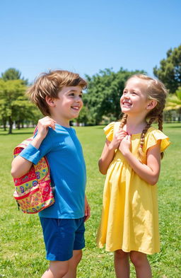 A playful scene featuring two children aged 9, a boy and a girl, in a sunny park setting