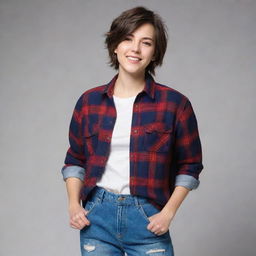 A tomboy styled girl with short hair and casual clothing like jeans and a plaid shirt. She is lively and full of energy.