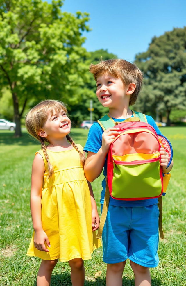 A playful scene featuring two children aged 9, a boy and a girl, in a sunny park setting