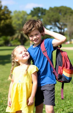 A playful scene featuring two children aged 9, a boy and a girl, in a sunny park setting
