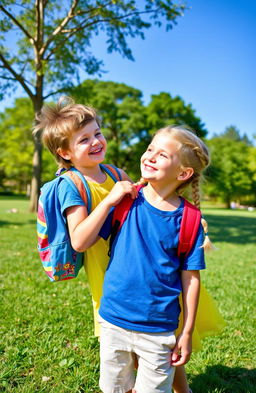 A playful scene featuring two children aged 9, a boy and a girl, in a sunny park setting