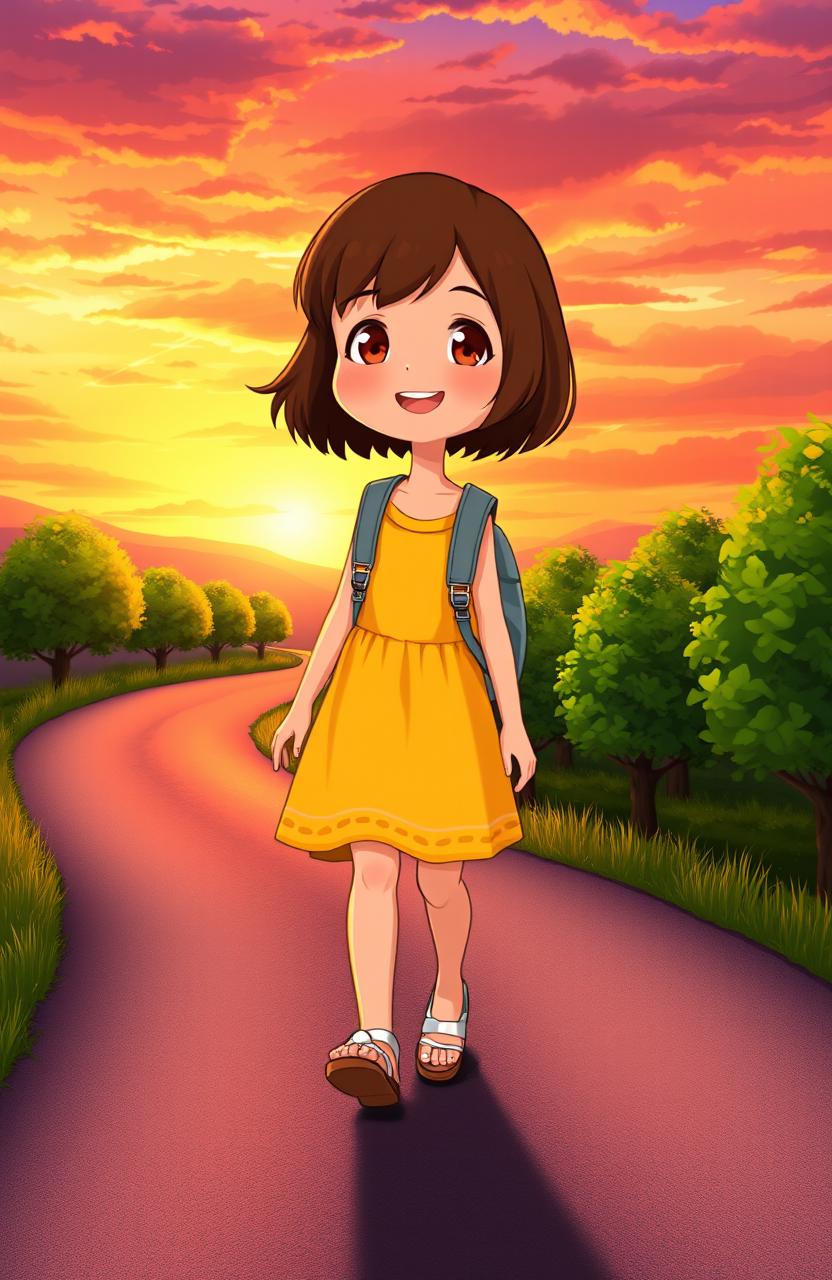 A charming scene depicting a young girl walking along a winding road, illuminated by the warm glow of a sunset