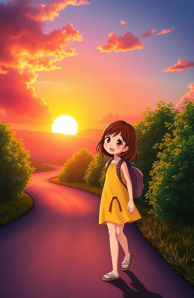 A charming scene depicting a young girl walking along a winding road, illuminated by the warm glow of a sunset