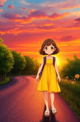 A charming scene depicting a young girl walking along a winding road, illuminated by the warm glow of a sunset