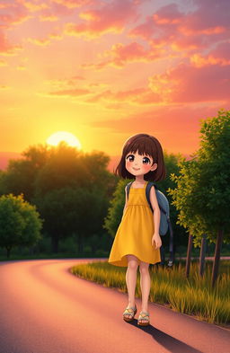 A charming scene depicting a young girl walking along a winding road, illuminated by the warm glow of a sunset