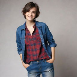 A tomboy styled girl with short hair and casual clothing like jeans and a plaid shirt. She is lively and full of energy.