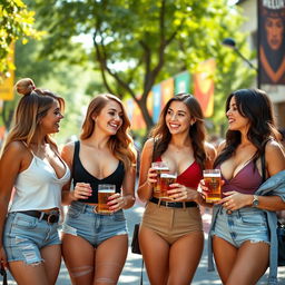 Four sexy German women dressed as university students, showcasing stylish and attractive outfits with deep necklines, emphasizing their voluptuous figures