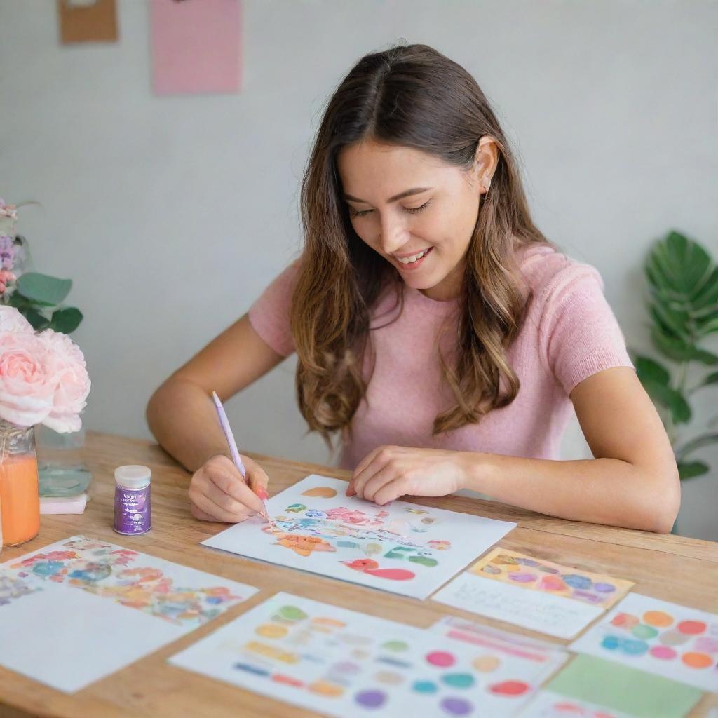 An image of a best friend meticulously crafting a heartfelt greeting card for her friend, with vibrant colors, pretty stickers and heartwarming handwritten messages