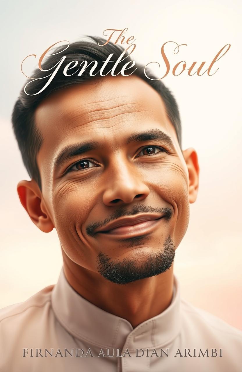 A captivating and unique book cover for 'The Gentle Soul', featuring a kind and gentle man with a soft, inviting expression