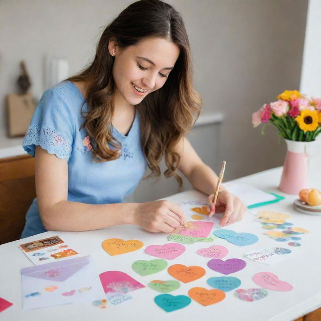 An image of a best friend meticulously crafting a heartfelt greeting card for her friend, with vibrant colors, pretty stickers and heartwarming handwritten messages