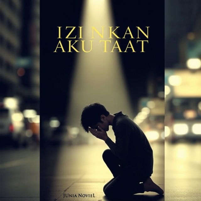 A poignant book cover for a novel titled "Izinkan Aku Taat" that depicts a person in a moment of desperation, kneeling with hands clasped together in a pleading gesture