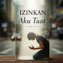 A poignant book cover for a novel titled "Izinkan Aku Taat" that depicts a person in a moment of desperation, kneeling with hands clasped together in a pleading gesture