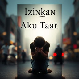 A poignant book cover for a novel titled "Izinkan Aku Taat" that depicts a person in a moment of desperation, kneeling with hands clasped together in a pleading gesture