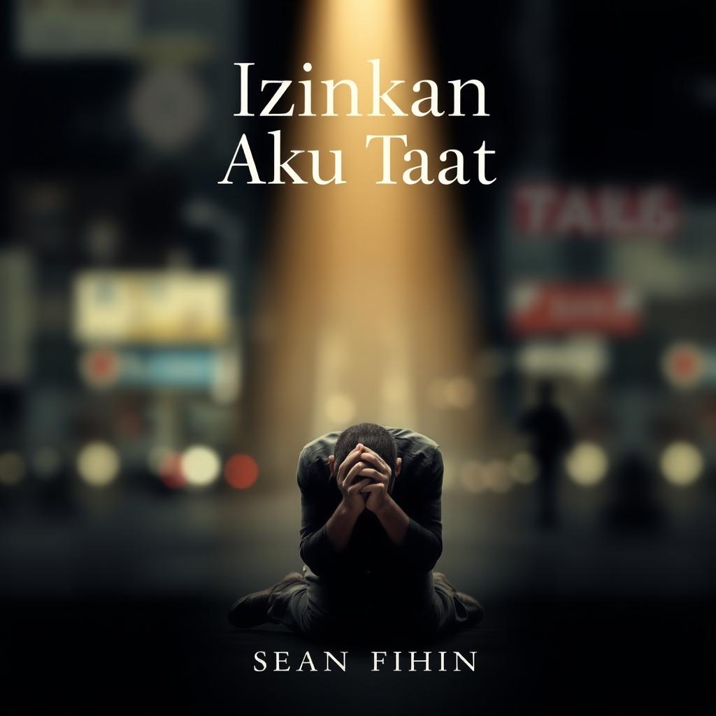 A poignant book cover for a novel titled "Izinkan Aku Taat" that depicts a person in a moment of desperation, kneeling with hands clasped together in a pleading gesture