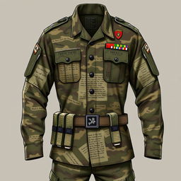 A highly detailed design of a military uniform themed around books