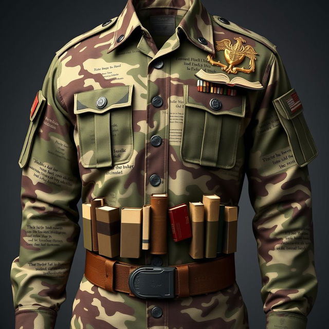 A highly detailed design of a military uniform themed around books