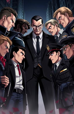 Seven secret agents and five police officers facing each other in an intense confrontation