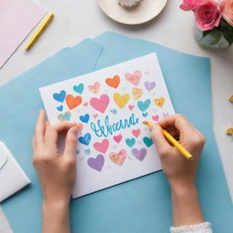 An image of a best friend meticulously crafting a heartfelt greeting card for her friend, with vibrant colors, pretty stickers and heartwarming handwritten messages