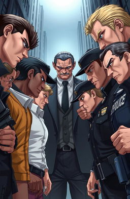 Seven secret agents and five police officers facing each other in an intense confrontation