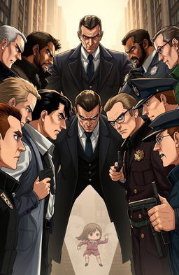 Seven secret agents and five police officers facing each other in an intense confrontation