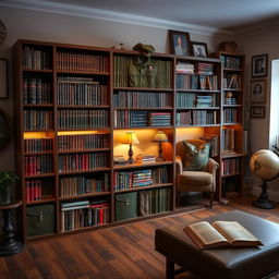 A visually stunning bookshelf designed to resemble military uniforms, incorporating elements like olive green and camouflage patterns