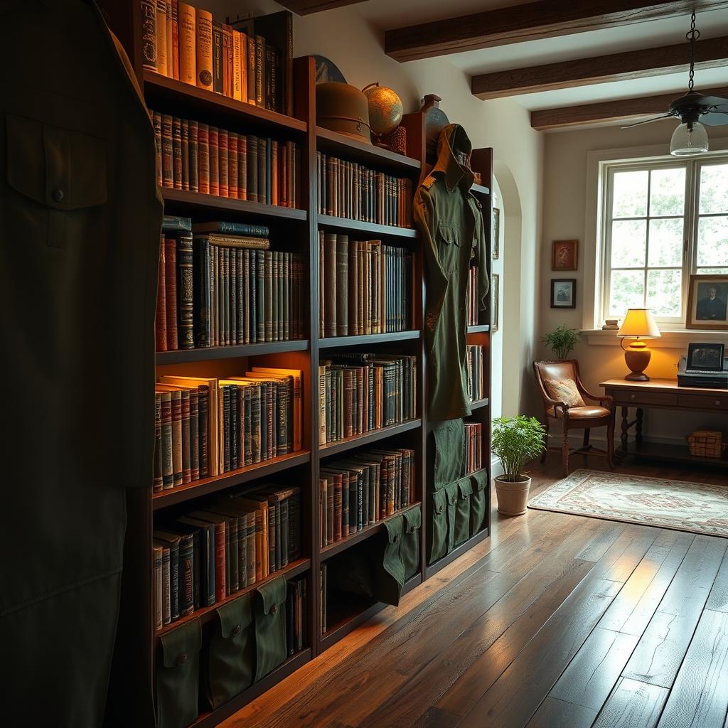 A visually stunning bookshelf designed to resemble military uniforms, incorporating elements like olive green and camouflage patterns