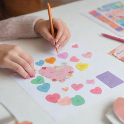 An image of a best friend meticulously crafting a heartfelt greeting card for her friend, with vibrant colors, pretty stickers and heartwarming handwritten messages