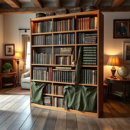 A visually stunning bookshelf designed to resemble military uniforms, incorporating elements like olive green and camouflage patterns