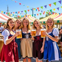 Four young women dressed in traditional Bavarian dirndl outfits with deep necklines, showcasing their vibrant and colorful designs