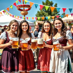 Four young women dressed in traditional Bavarian dirndl outfits with deep necklines, showcasing their vibrant and colorful designs
