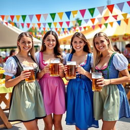 Four young women dressed in traditional Bavarian dirndl outfits with deep necklines, showcasing their vibrant and colorful designs