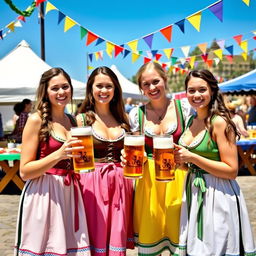 Four young women dressed in traditional Bavarian dirndl outfits with deep necklines, showcasing their vibrant and colorful designs