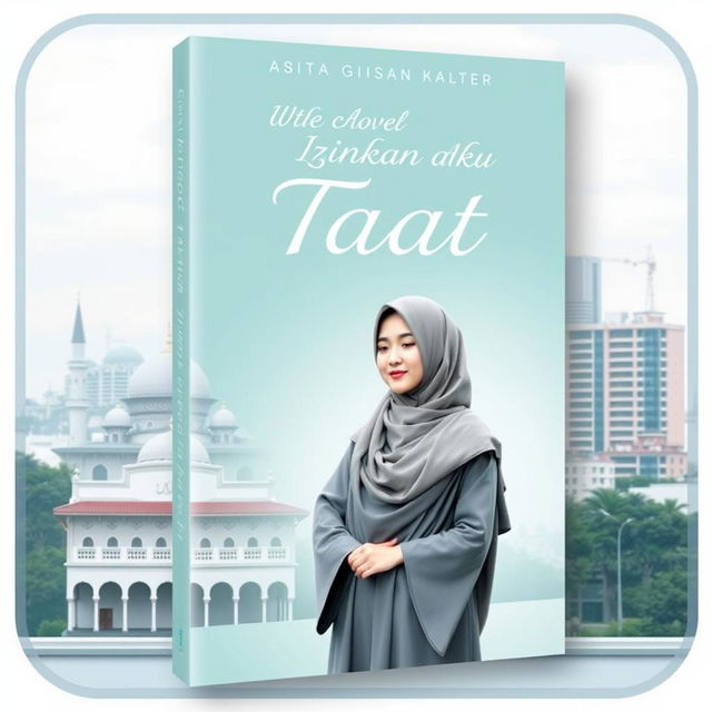 A modern book cover for a novel titled "Izinkan Aku Taat" that embodies a contemporary Islamic aesthetic