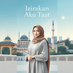 A modern book cover for a novel titled "Izinkan Aku Taat" that embodies a contemporary Islamic aesthetic