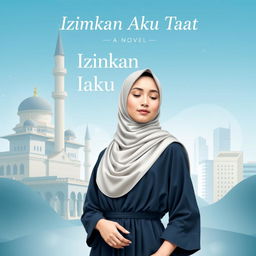 A modern book cover for a novel titled "Izinkan Aku Taat" that embodies a contemporary Islamic aesthetic