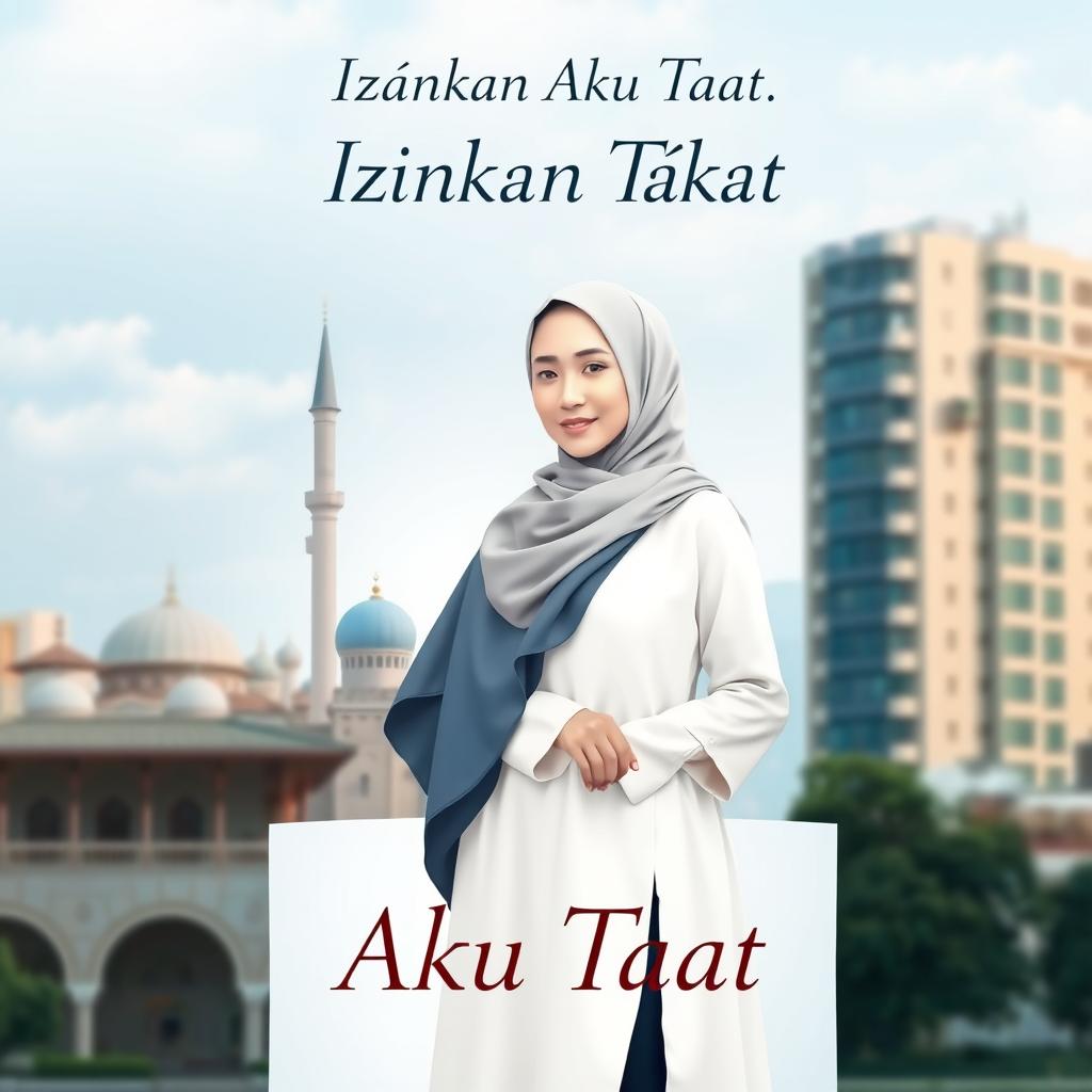 A modern book cover for a novel titled "Izinkan Aku Taat" that embodies a contemporary Islamic aesthetic