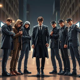 Seven members of BTS depicted as secret agents and five members of Tomorrow X Together portrayed as police officers, facing each other in an intense showdown