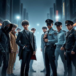 Seven members of BTS depicted as secret agents and five members of Tomorrow X Together portrayed as police officers, facing each other in an intense showdown