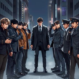 Seven members of BTS depicted as secret agents and five members of Tomorrow X Together portrayed as police officers, facing each other in an intense showdown