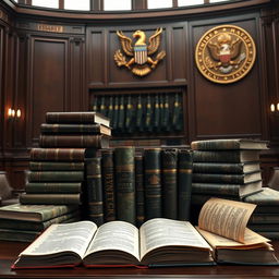 A detailed depiction of a military bookshelf stacked with various legal books and documents used in military tribunals, the books designed with camouflage patterns, military insignias, and a regal, authoritative atmosphere