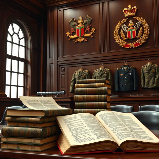 A detailed depiction of a military bookshelf stacked with various legal books and documents used in military tribunals, the books designed with camouflage patterns, military insignias, and a regal, authoritative atmosphere