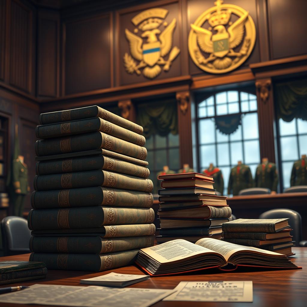 A detailed depiction of a military bookshelf stacked with various legal books and documents used in military tribunals, the books designed with camouflage patterns, military insignias, and a regal, authoritative atmosphere