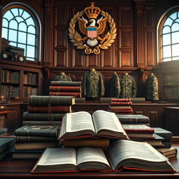A detailed depiction of a military bookshelf stacked with various legal books and documents used in military tribunals, the books designed with camouflage patterns, military insignias, and a regal, authoritative atmosphere