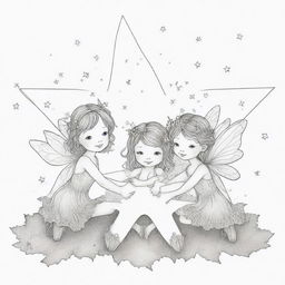 A whimsical, two-dimensional black and white outline of delightful fairies sitting atop a star for a colouring page.