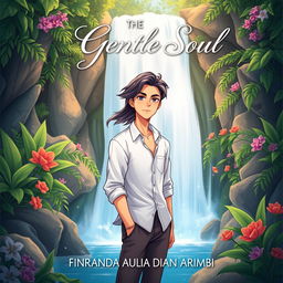 A romantic book cover illustration featuring an animated male character standing in front of a beautiful waterfall