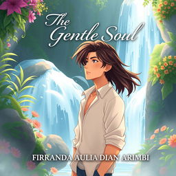 A romantic book cover illustration featuring an animated male character standing in front of a beautiful waterfall