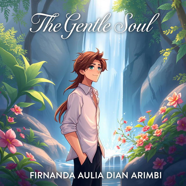 A romantic book cover illustration featuring an animated male character standing in front of a beautiful waterfall