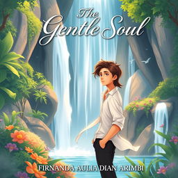 A romantic book cover illustration featuring an animated male character standing in front of a beautiful waterfall