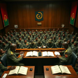 A dramatic and intense scene set in an Angolan military tribunal, with a wide array of military personnel in uniform, engaged in a tense and formal atmosphere